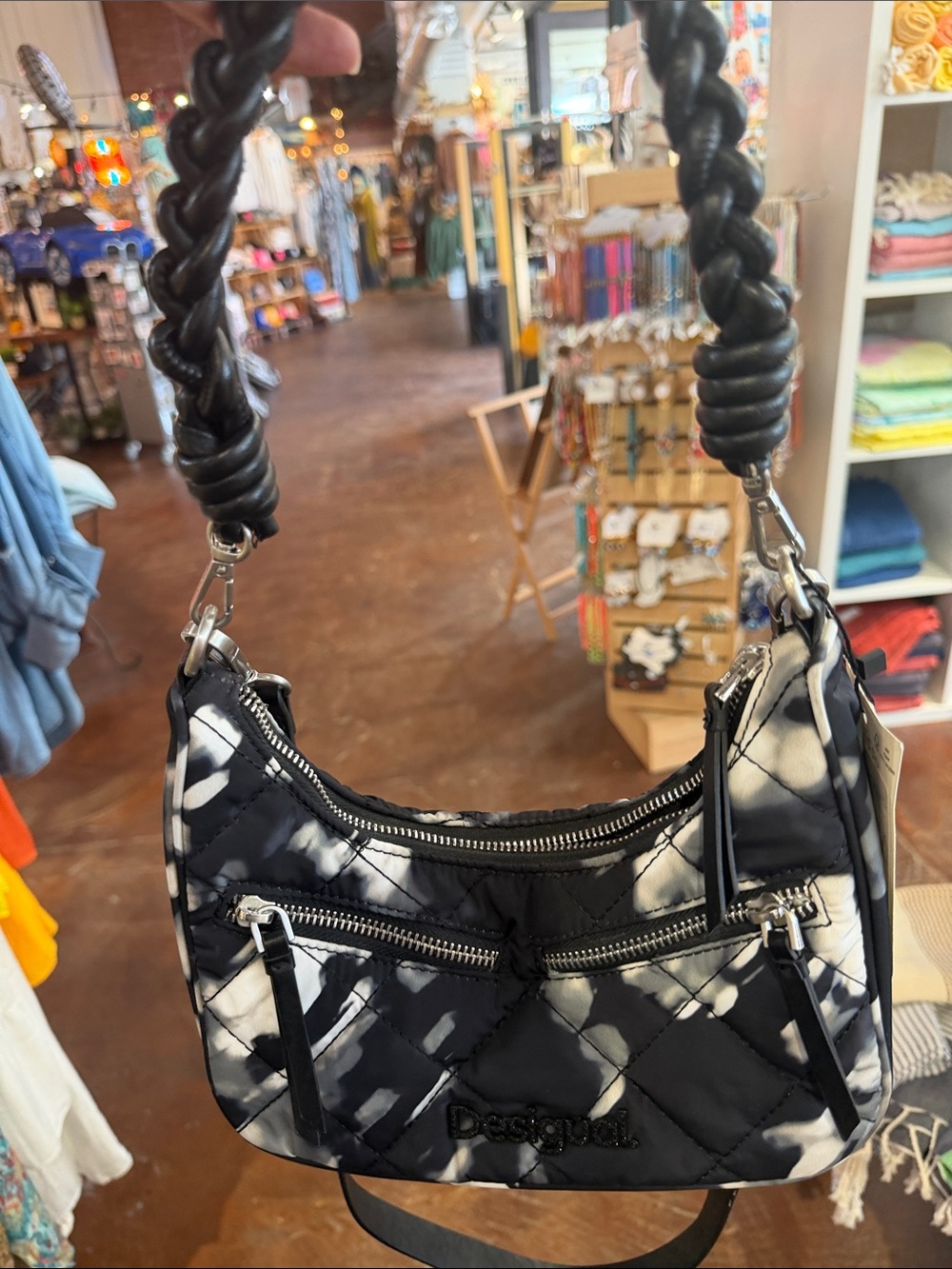 Desigual Black and White Quilted Shoulder Bag with Braided Strap